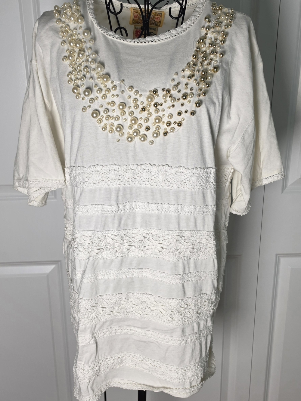 Vintage 80s Gene Ewing BIS Pearl Beaded Collar Lace Tiered Cream Tunic Blouse M